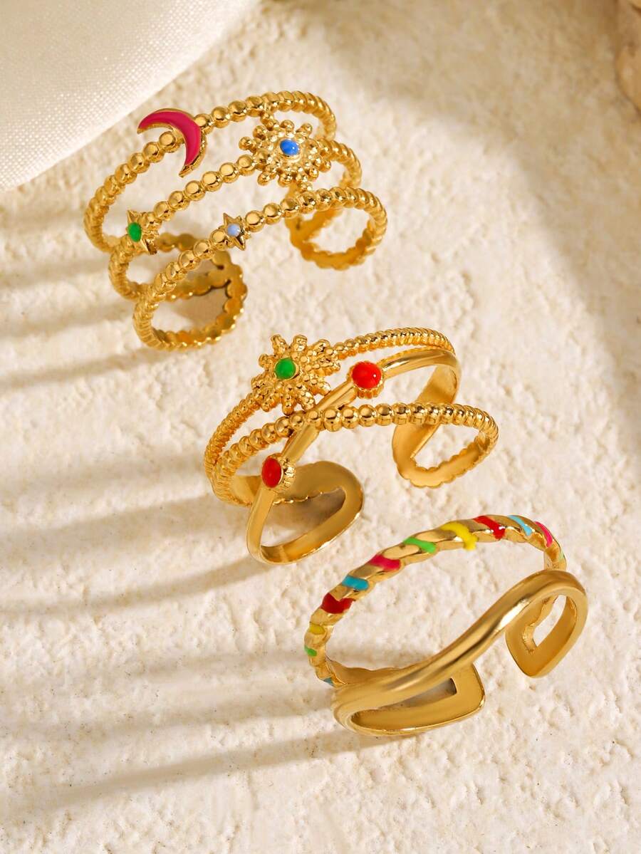 3pcs 18K Gold Plated Stainless Steel Vintage Geometric Line Star Moon Sun Ring Set, Elegant & Fashionable, Suitable For Women Daily, Festival, Friends Gathering, Couple Dating, Holiday Wear - Multicolor - View 1