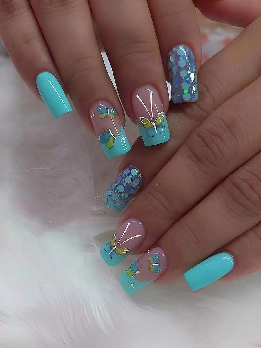 24pcs Square Press-On Nails, Fresh Blue-Green Butterfly & Lake Green French Design, Perfect For Dates & Daily Wear - Multicolor - View 1
