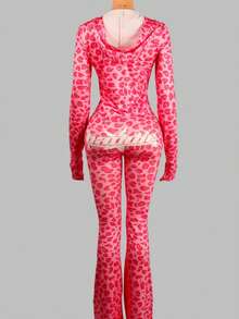 2pcs/Set Women's Autumn Fashionable Street Style Printed Cardigan Long Sleeve Top & Printed Wide Leg Pants Back To School Outfit Vacation Pink Spring - Pink - View 4