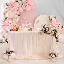 1条珍珠网纱桌旗，饰以花朵和珍珠点缀 - 方形，适用于婚礼、派对装饰、情人节、户外活动，耐用涤纶材质，浪漫风格，精致细节，家居装饰 - 香檳色 - 查看 7