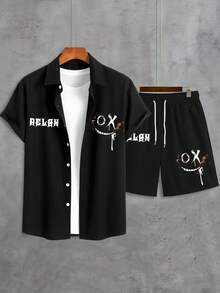 男士休闲时尚短袖印花斜纹衬衫两件套 - 彩色 - 查看 2