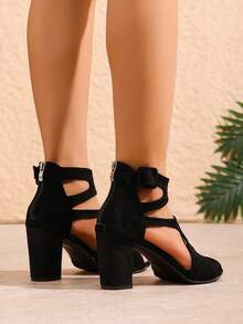 2026新款厚底防水坡跟凉鞋，配皮质搭扣和后拉链 - 黑色 - 查看 6