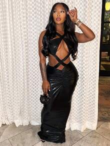 Sexy Cross Strap Halter Hollow Sexy Dress - 黑色 - 查看 2