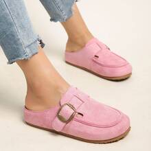 女士时尚平底一脚蹬鞋，春季新款搭扣复古穆勒鞋 - 粉色 - 查看 3