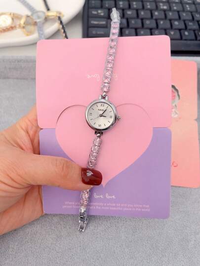 1pc Women's Bracelet Watch, Pink Crystal Gemstone Quartz Watch, Suitable For Daily Wear, Back To School, Valentine's Day Gift