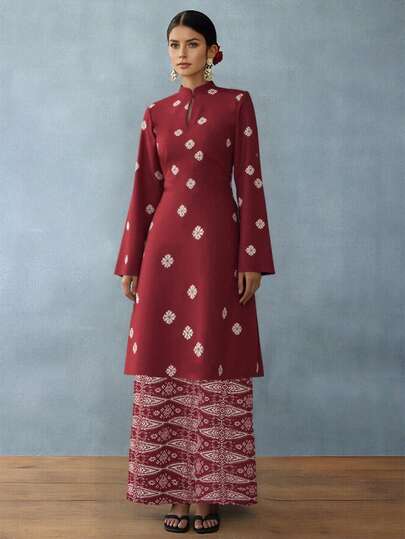 Baju Pahang 女士优雅立领印花长袖两件套，适合日常和假日穿着
