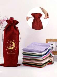 亚麻抽绳瓶袋，星月图案，粗麻布材质，斋月吉祥亚麻礼品袋，带抽绳防尘，开斋节收纳袋，瓶子装饰袋，橄榄油瓶保护套，可重复使用且经久耐用，适合存放各种瓶瓶罐罐和物品，适用于家居收纳、礼品包装、派对、婚礼、节日和斋月，伊斯兰礼品。 - 彩色 - 查看 5