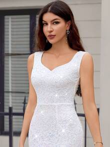 MIUSOL Đầm maxi dạ hội cổ tim, phối màu tương phản, đính sequin và ren lưới, dáng đuôi cá, thích hợp cho đám cưới, màu trắng, mùa xuân. - trắng - Xem 9