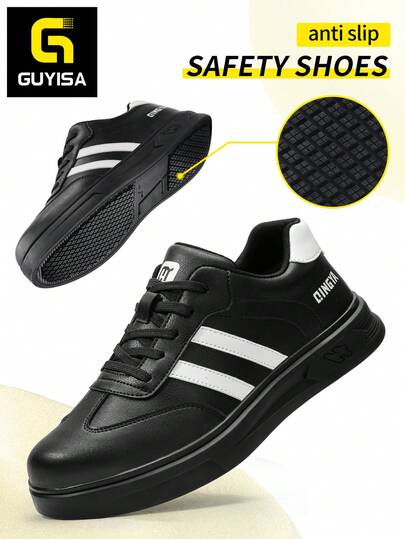 专业防滑SRC安全鞋，橡胶外底耐磨防滑，超细纤维防水材质，黑色休闲系列工作功能鞋，男士厨师鞋