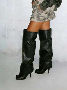 Over Knee Boot Square Toe Kitten Heel Stiletto Heeled Boots For Woman Suede Wide Calf Long Boots Heeled Slouchy Formal Shoes Winter Tall Boots For Women - 黑色B - 查看 4