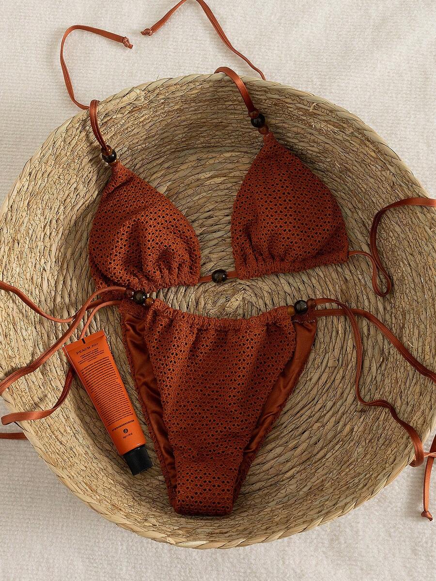 Summer New Elegant Sexy Backless Halter High Elasticity Bikini Set For Women, With Tie Detail, Suitable For Beach & Vacation - Brown - View 1