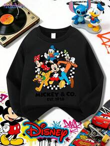 1pc Disney Mickey Mouse & His Cartoon Buddies Tween Boys Retro Sweatshirt (Classic Cartoon Crew Print) - Lightweight & Easy-Care For Everyday Wear & Youth Group Activities - 黑色 - 查看 2