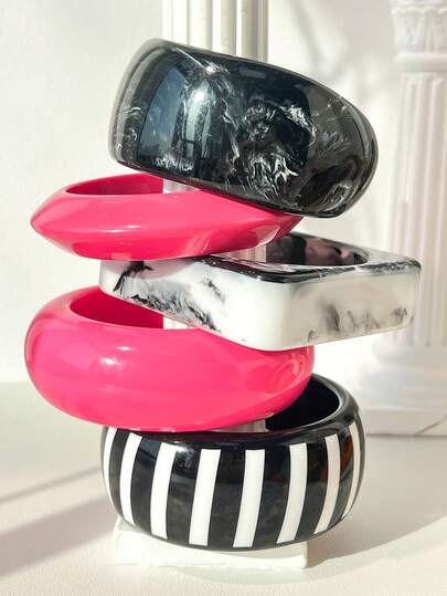 Glossy Black & White Striped Bracelet, Glossy Fuchsia Contrast Resin Oversized Jewelry Bangle