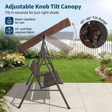 Columpio de Patio 3 Asientos para Adultos con Dosel Ajustable, Hamaca de Porche Impermeable de Textileno y Marco de Acero, para Jardín, Césped y Patio, Color Marrón - Marrón - Ver 5