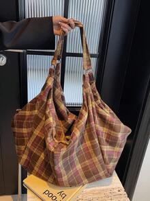 1 pieza Bolso casual de mujer a cuadros marrones, bolso hobo versátil y retro, cierre de cremallera ligero con doble asa, adecuado para uso diario, bolso de estudiante de escuela/universidad, bolso de hombro minimalista para viajes con gran capacidad - Marrón - Ver 3