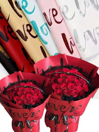 10张/套情人节鲜花包装纸，印有“爱”字图案，浪漫礼品包装纸，最适合婚礼、周年纪念、求婚、表白和情人节装饰