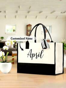 Personalized Canvas Beach Bag Tote Bag, Letter Print Tote Bag, Bridesmaid Gift Beach Bag, Customized Beach Bag, Women's Gift, Bride & Bridesmaid Customized Bag - Multicolor - View 7