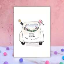 1pc Just Married Funny Wedding Congratulations Card With Classic Car Illustration - Universal Greeting Card For Bride And Groom, Cartoon Animals Theme, Paper Material, - one-size - View 2