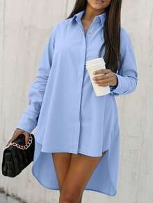 Oversized Loose Fit Long Sleeve Shirt For Women, Casual Blue Blouse With Front Short Back Long Design, Spring/Summer - Blue - View 1
