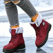 Women's Mid-Calf Boots, Women's Snow Boots, Warm Winter Shoes, Stylish Plush Trim, Thickened Fleece Lining, Suitable For Snowy Outings, Cold Winter Boots, Thickened Sole, Non-Slip And Wear-Resistant. - 紅色 - 查看 1