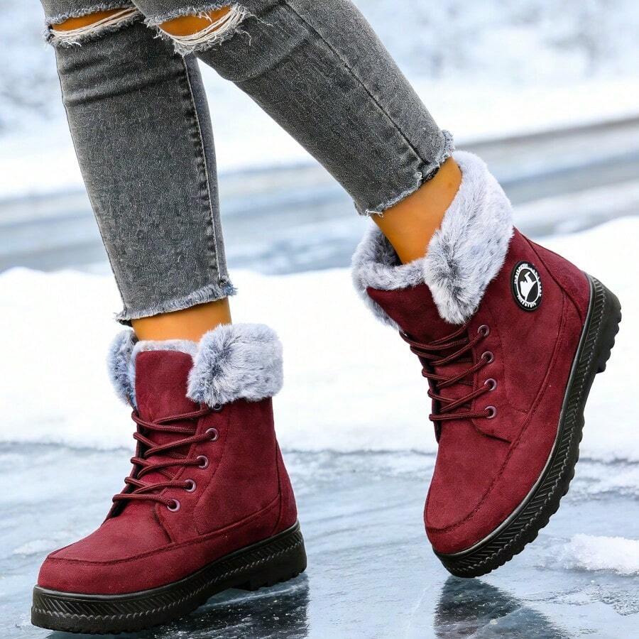 Women's Mid-Calf Boots, Women's Snow Boots, Warm Winter Shoes, Stylish Plush Trim, Thickened Fleece Lining, Suitable For Snowy Outings, Cold Winter Boots, Thickened Sole, Non-Slip And Wear-Resistant. - 紅色 - 查看 1