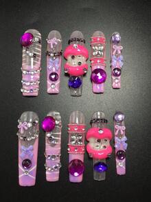 10件套5.5厘米手工棺材形可穿戴盔甲，搭配水钻、条纹、嘴唇和蝴蝶结装饰，专为女性和女孩设计，适合情人节、派对、节日和日常佩戴。美甲配件，亚克力美甲套装，包含套装、手工压制美甲贴片、假指甲贴纸和美甲用品。 - 彩色 - 查看 2