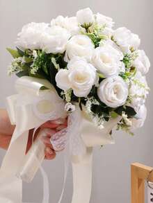 10英寸心形水晶新娘捧花，蕾丝蝴蝶结丝绸玫瑰婚礼仪式道具，毕业舞会礼物