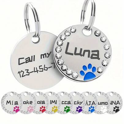 1pc Customized Diamond Encrusted Round Pet ID Tag, Suitable For Small Pets Like Cats And Dogs. Cat Tag Is Made Of Alloy Pendant, Applicable For Pet Collars (For Dogs And Cats), A Gift For Your Pets