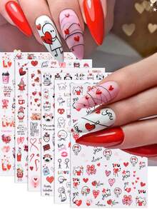 6 miếng dán móng tay 3D hình trái tim và chữ cái hoạt hình dễ thương màu đỏ chủ đề Ngày Valentine, tự dính, thích hợp cho việc tự làm móng tại nhà và thiết kế móng tại salon. - Nhiều màu - Xem 3