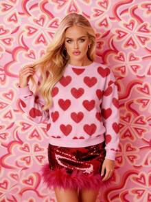 LOVE JOYY Women Crew Neck Long Sleeve Pullover Sweatshirt, Casual & Fashionable, Cute Heart Print, Ideal For Valentine's Day Party And Date, Pink Top
