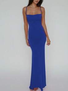 Đầm ôm sát hở lưng, xẻ tà, màu trơn dành cho nữ, gợi cảm và thanh lịch, thích hợp cho buổi tối đi chơi, dự tiệc, câu lạc bộ, kỳ nghỉ, bãi biển, mặc thường ngày vào mùa xuân và mùa hè. - Màu xanh lam - Xem 4