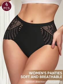 MIOTAN 4 piezas Bragas de mujer de cintura alta con parches de encaje, suaves y transpirables - Multicolor - Ver 4