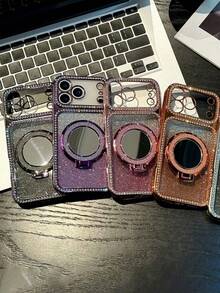 Luxury Rhinestone Bling Gradient Glitter TPU Makeup Mirror Holder Shockproof Phone Case Compatible WIth IPhone 17 Pro Max 17 Pro 17 16 Pro Max 16 Pro 16 15 Pro Max 15 Pro 14 Pro 14Plus 13 Pro Max 13 Pro 16 15 14 13 Plating Bumper Cover - Black - View 4
