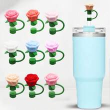 1个/9个随机硅胶玫瑰花吸管套，防尘吸管帽，杯子配件，卡通花吸管套 - 彩色 - 查看 3