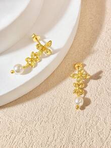 一对优雅花卉珍珠925纯银耳钉，女士日常珠宝配饰 - 花朵珍珠耳環 - 查看 6