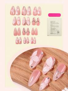 Bộ 24 miếng dán móng tay acrylic hình hạnh nhân ombre, bao gồm họa tiết hoa và bướm 3D cùng nhiều đá lấp lánh, phong cách Y2K tối giản ngọt ngào, bề mặt bóng, độ che phủ cao, phù hợp cho phụ nữ và bé gái sử dụng hàng ngày. - Nhiều màu - Xem 2