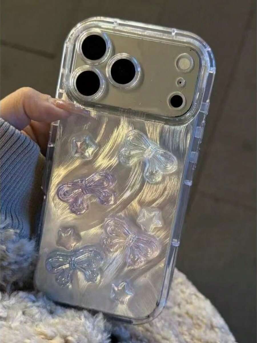 Korean Ins Style Feather Resin Butterfly Phone Case Compatible With Apple 16/17 Pro Max/ 15 Pro, Women's Full Coverage Shockproof Protective Cover Compatible With IPhone 14/13 - Silver - View 1