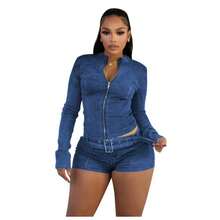Women's Two-Piece Set, Fashionable And Elegant Temperament, Sexy Spice Girl Style, Long-Sleeved Crew Neck Zipper Denim Top, Elastic Shorts, Denim Suit. - Màu xanh lam - Xem 7