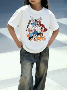 3件套女童休闲印花圆领短袖T恤，夏季学生童装 - 可爱的小动物兔子时尚T恤，为每个孩子带来欢乐和幸福！情人节 - 杏色 - 查看 3