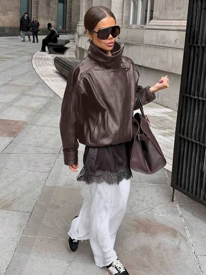 New Vintage Bomber Leather Jacket, Solid Color Casual Zip Pocket Jacket, Regular Fit