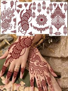 4pcs Brown Henna Lace Ribbon Temporary Tattoo Stickers, Waterproof Hand & Body Temporary Tattoos, Brown Mandala Flower Lace Body Art Stickers For Women - Brown - View 2