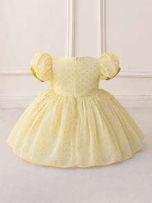 女婴圆领波点雪纺可爱生日派对连衣裙，适合婚礼花童、家庭聚会、假日郊游等场合，不含头饰 - 香檳色 - 查看 3