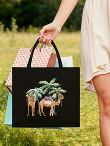 Linen Tote Bag, Including Two Camels And Coconut Tree Pattern Printing Tote Bag And A Printed Small Bag, Letters, Flowers, Personalized Gift Package, Eid Combination Of Small And Large Bags, Family Reunion Devout,Suitable For Weddings, Birthdays, Beaches, Holidays - Multicolor - View 13