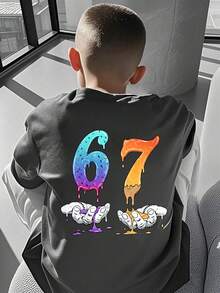 Tween Boy Fashionable Colorful Number 67 Graphic Print T-Shirt, Summer Top For Boys - Dark Grey - View 6