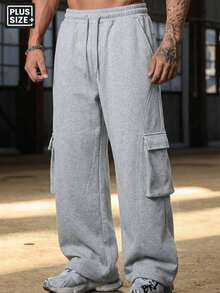 Plus Size 6XL Men's Autumn/Winter Sweatpants, Cargo Style With Large Pockets, Straight Leg, Slightly Stretchy, Suitable For Sports, Casual, Running, Outdoor, Shopping, Dating And Daily Wear - 灰色 - 查看 1
