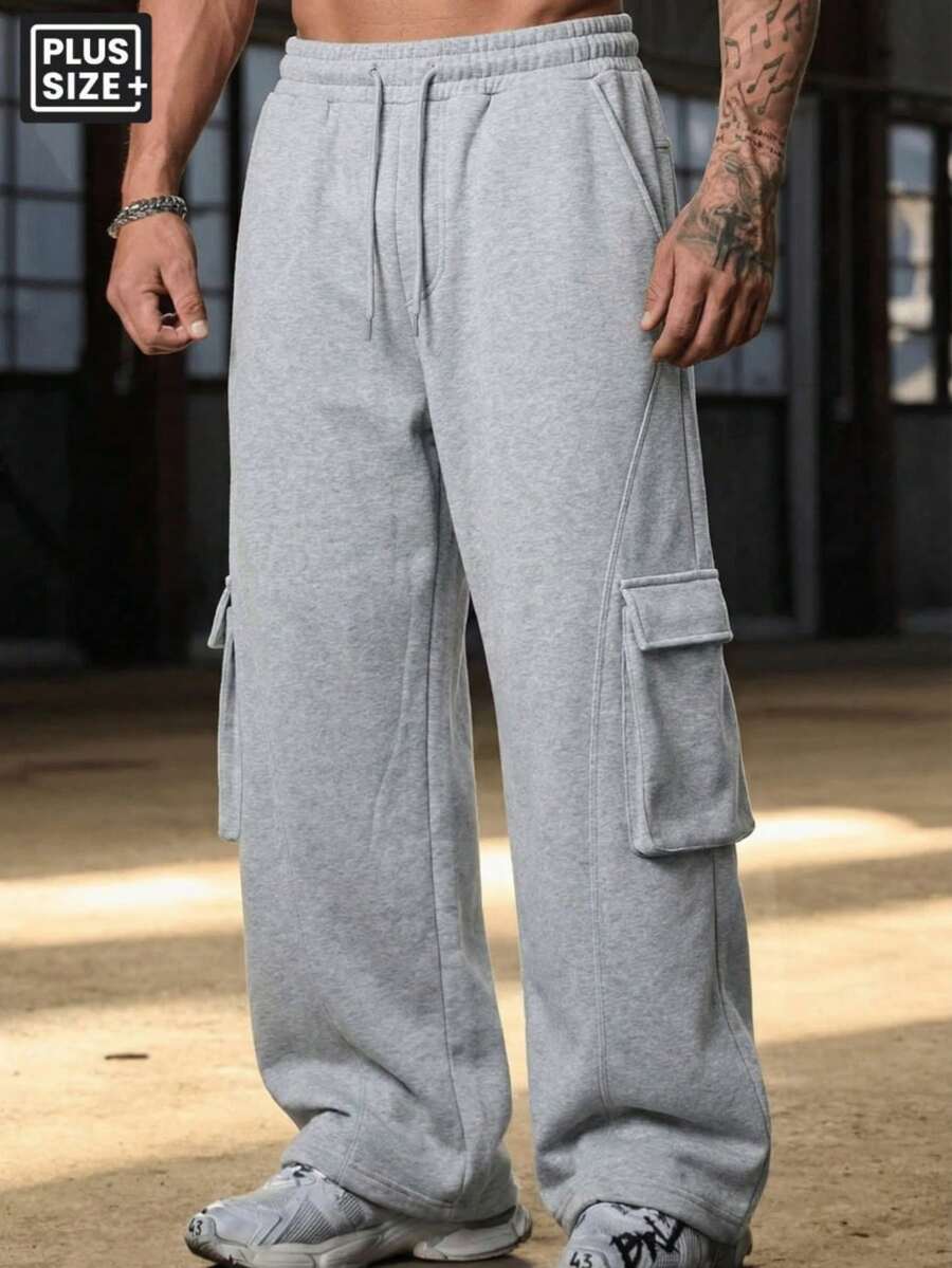 Plus Size 6XL Men's Autumn/Winter Sweatpants, Cargo Style With Large Pockets, Straight Leg, Slightly Stretchy, Suitable For Sports, Casual, Running, Outdoor, Shopping, Dating And Daily Wear - 灰色 - 查看 1