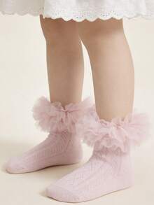 1 Pair Cotton Children's Lace Trim Short Socks, Fluffy Lace Mesh Girls' Princess Dance Socks - Pink - View 4