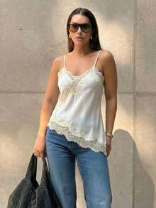 MUMRAP Áo hai dây nữ màu trơn phối ren bất đối xứng, kiểu dáng thanh lịch, rộng rãi, hở lưng, không tay, màu trắng, thích hợp cho mùa hè. - trắng - Xem 3