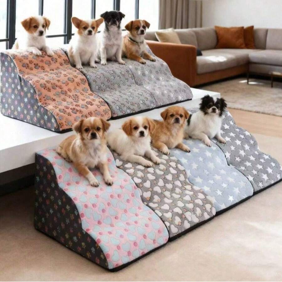 1pc Cartoon Pet Stairs, 2/3/4/5 Tiers High Rebound Foam Climbing Ladder, Suitable For Elderly Or Disabled Pets To Access Sofa And Bed, Non-Slip And Machine Washable - Multicolor - View 1