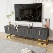 TV Unit, Low Side Panel With Grained Doors, TV Unit, Gold Handles And Gold Legs. - Grey - View 5